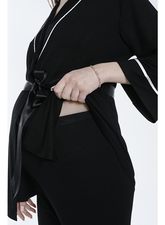 طقم بيجاما حمل ورضاعة برباط أمامي وياقة عريضة - Image 2